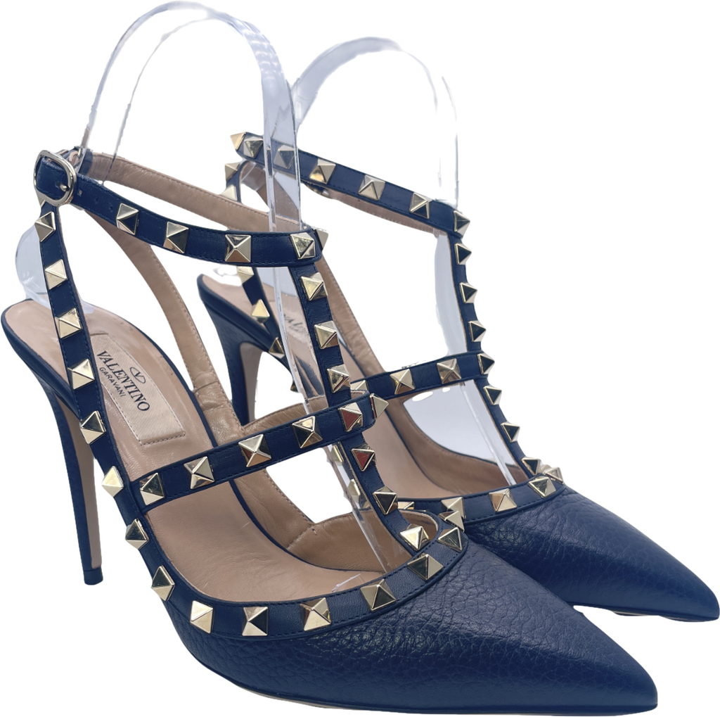 Valentino Garavani Navy Blue Rockstud Grainy Calfskin Ankle Strap Pump 100 Mm UK 4 EU 37 👠