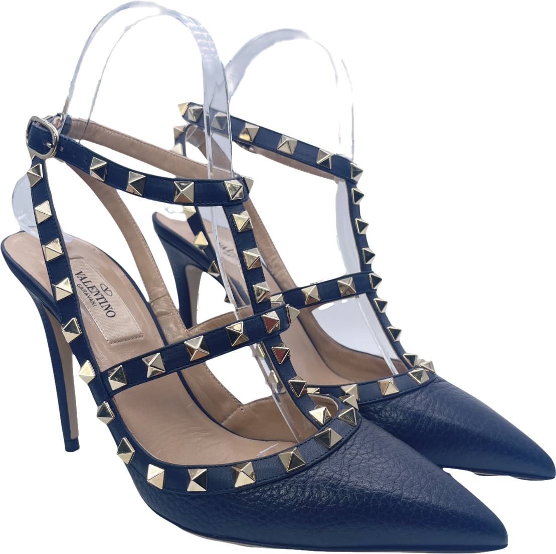 Valentino Garavani Navy Blue Rockstud Grainy Calfskin Ankle Strap Pump 100 Mm UK 4 EU 37 👠