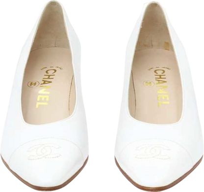 Chanel White Leather 'CC' Logo Toe Cap Heeled Pumps UK 4 EU 37 👠