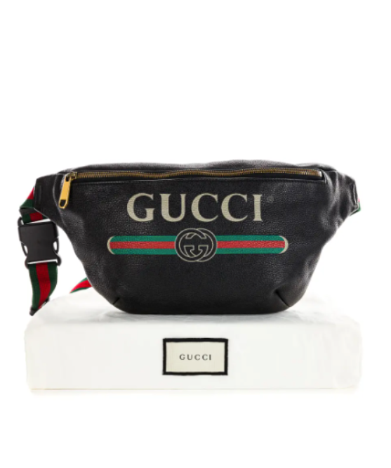 GUCCI Black Logo Grained Calfskin Large Belt/Crossbody Bag