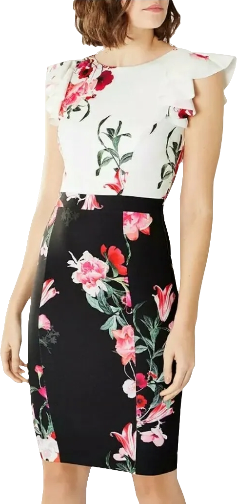 COAST White / Black Floral Print Shift Dress UK 8