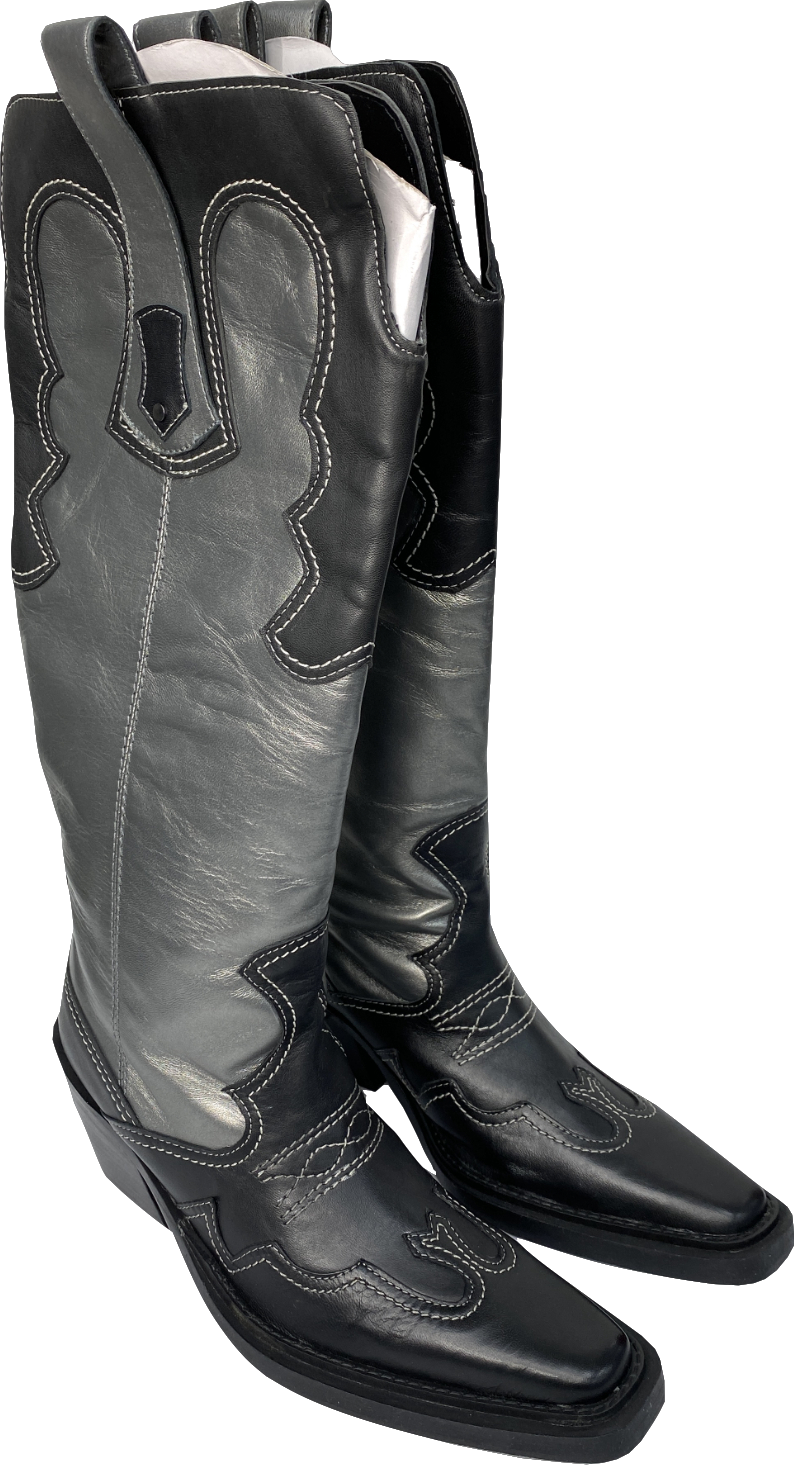 Nasty Gal Grey Real Leather Metallic Colour Block Cowboy Boots UK 5 EU 38 👠