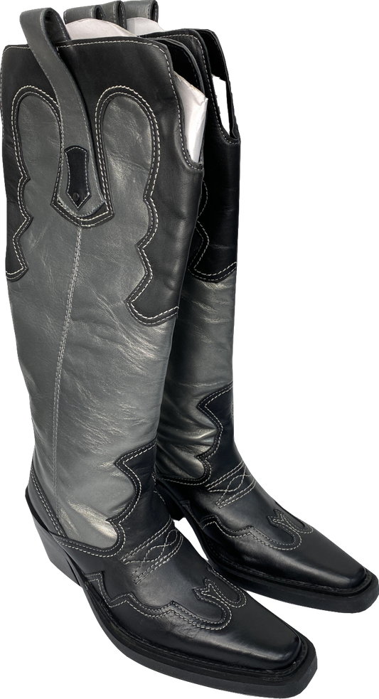 Nasty Gal Grey Real Leather Metallic Colour Block Cowboy Boots UK 5 EU 38 👠