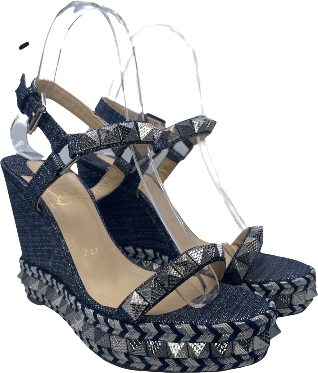 Christian Louboutin Pyraclou Spike Denim Wedge Red Sole Sandal In Blue UK 4 EU 37 👠