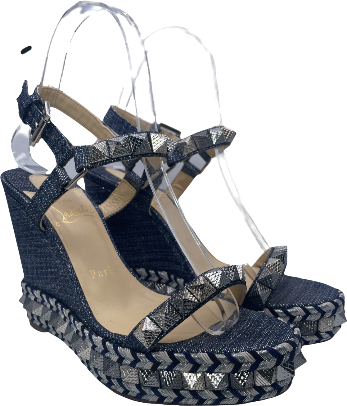 Christian Louboutin Pyraclou Spike Denim Wedge Red Sole Sandal In Blue UK 4 EU 37 👠