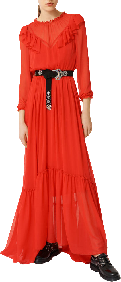 Maje Red Long Muslin Dress With Ruffles UK 8