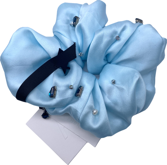 aethera Blue Silk Harlow Embellished Scrunchie One Size