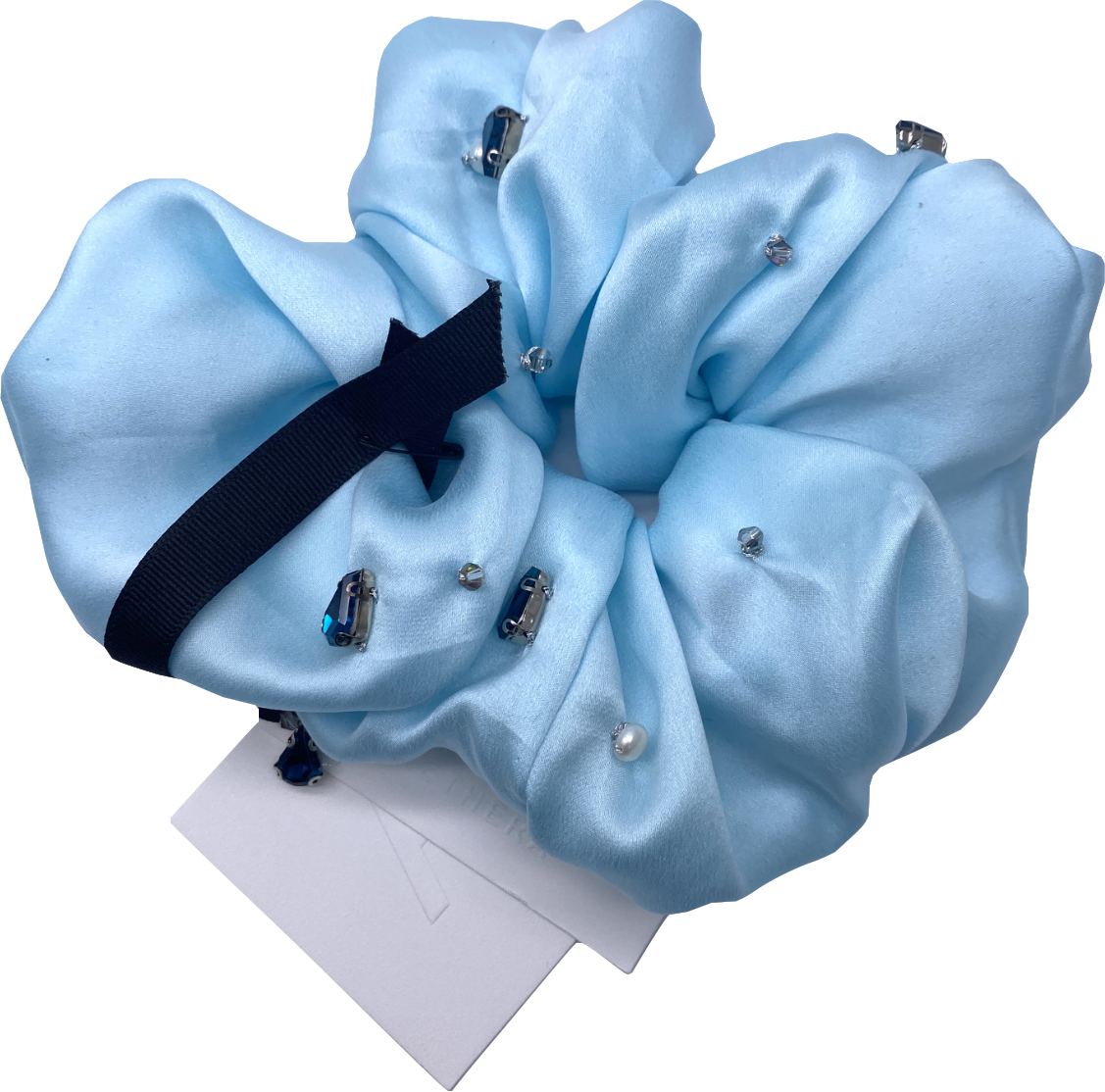 aethera Blue Silk Harlow Embellished Scrunchie One Size