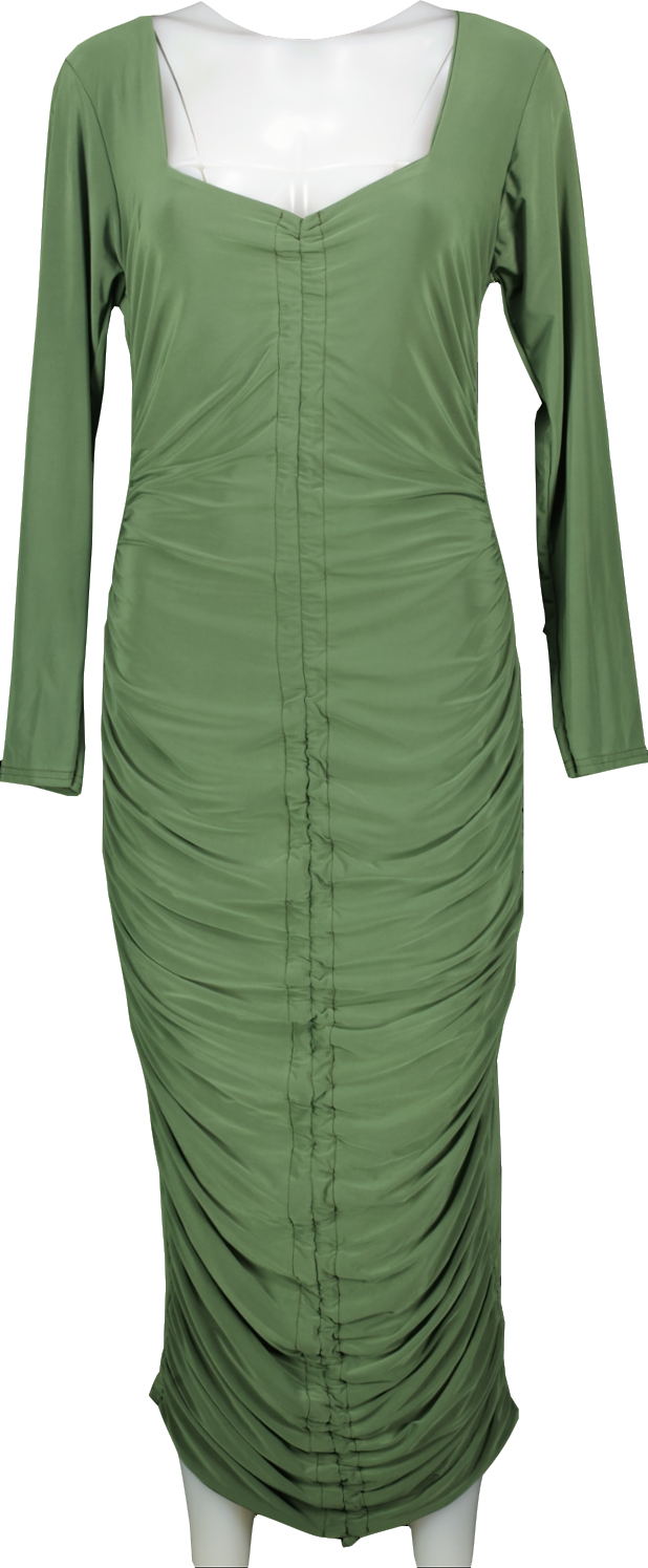 Missguided Green Khaki Long Sleeve Slinky Ruched Midi Dress Bnwt UK 24
