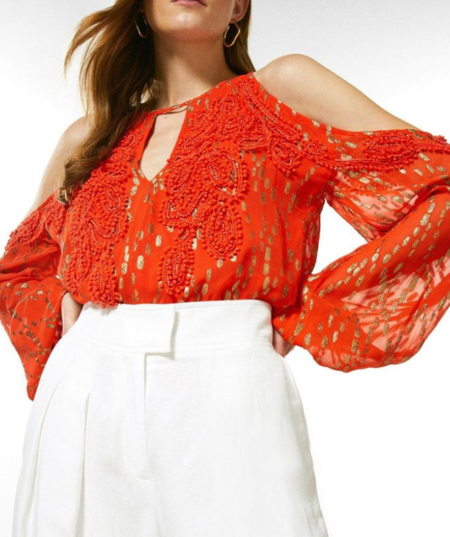 Karen Millen orange Bead Embellished Halter Cold Shoulder Woven Top UK 8