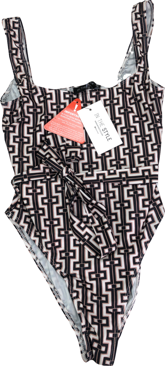 In The Style Brown Stone Geometric Print Tie Waist Swimsuit UK 8