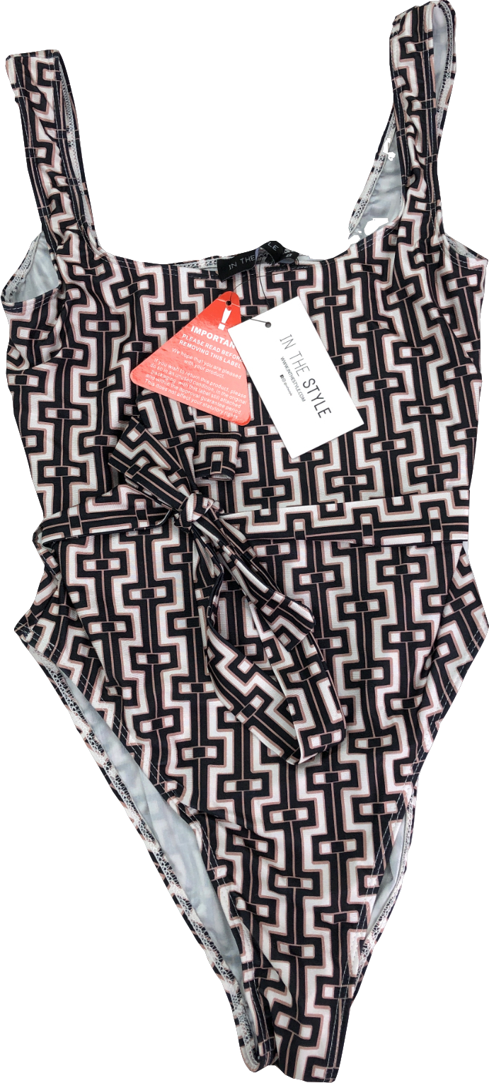 In The Style Brown Stone Geometric Print Tie Waist Swimsuit UK 8
