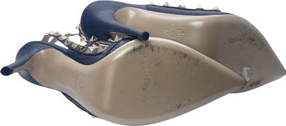 Valentino Garavani Navy Blue Rockstud Grainy Calfskin Ankle Strap Pump 100 Mm UK 4 EU 37 👠