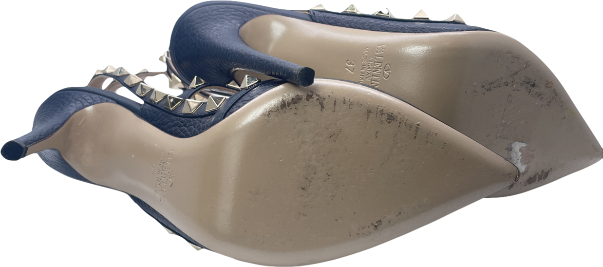 Valentino Garavani Navy Blue Rockstud Grainy Calfskin Ankle Strap Pump 100 Mm UK 4 EU 37 👠