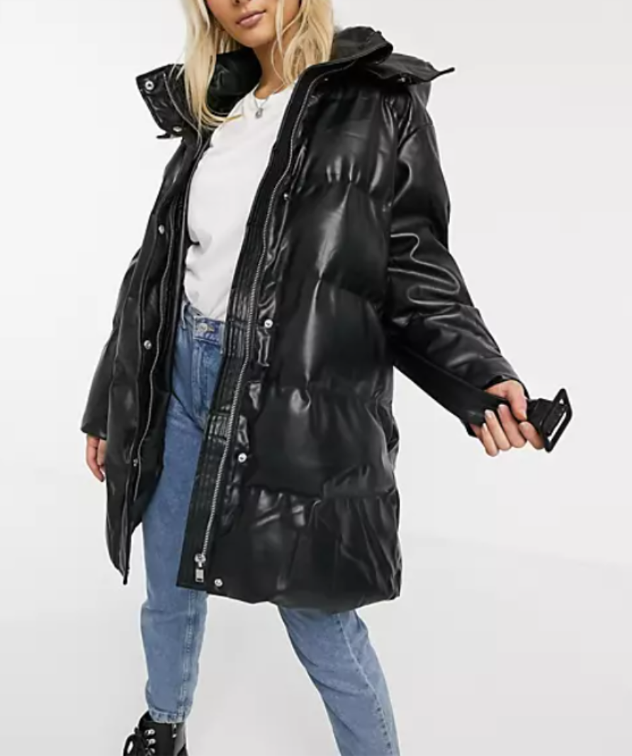 Asos Design Black Leather Look Belted Puffer Jacket UK 16