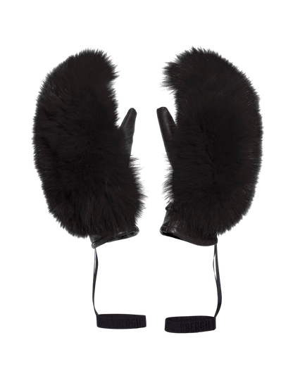 Goldbergh Waterproof breathable Black Real Leather / Faux Fur Hill Mittens with wrist straps SZ 7.5  L