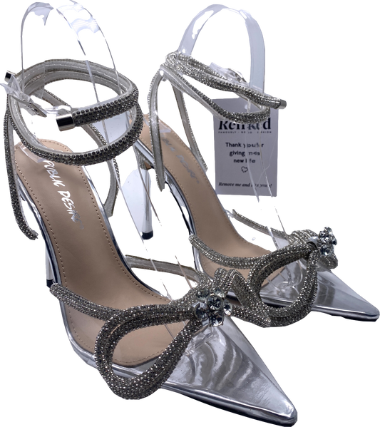 Public Desire Metallic Midnight Clear Perspex Wrap Around Diamante Bow Pointed Toe High Heel Shoes UK 4 EU 37 👠