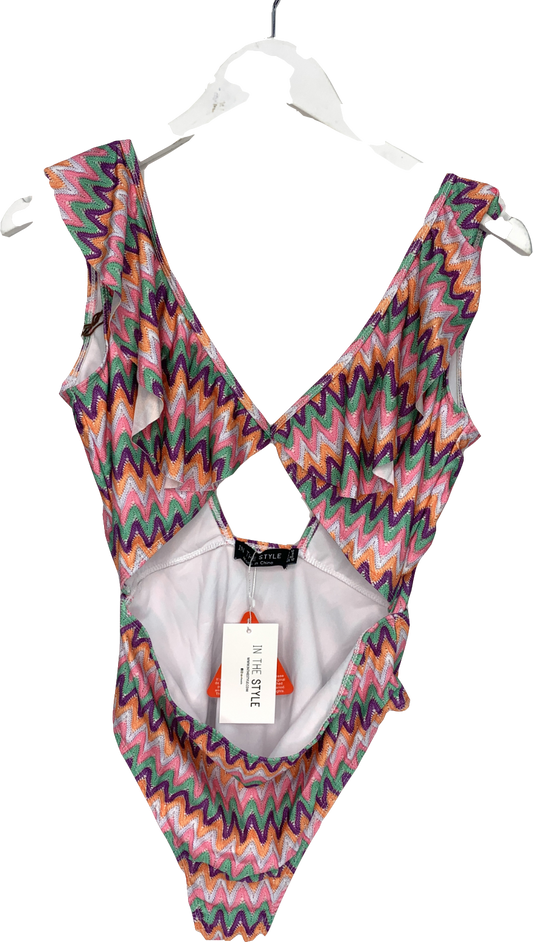 In The Style Multicoloured Billie Faiers Multi Zig Zag Ruffle Swimsuit UK 12