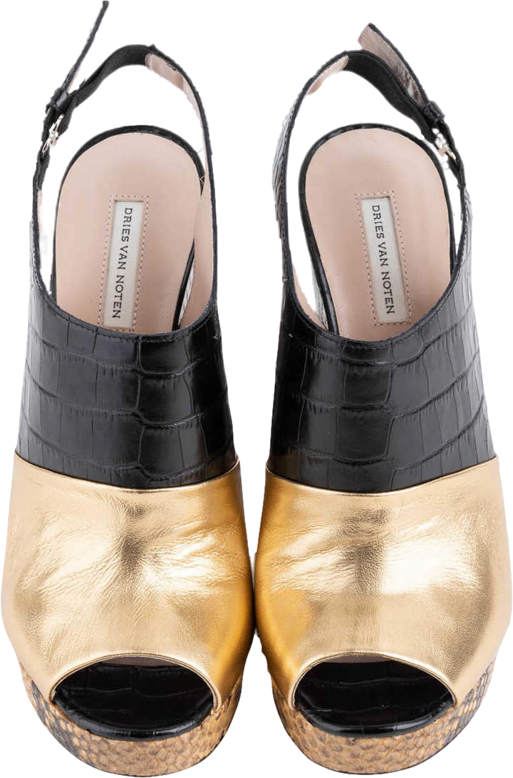 Dries Van Noten Metallic Gold /black Colour Block Python Platform Sandals UK 3 EU 36 👠