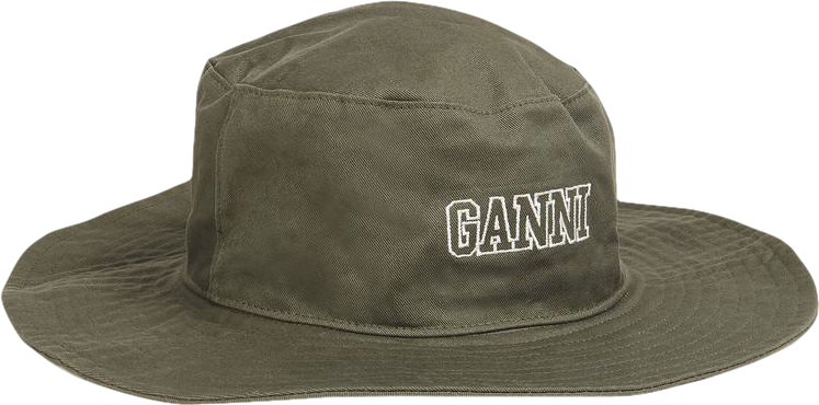 Ganni Green Embroidered Logo Organic Cotton Bucket Hat UK S