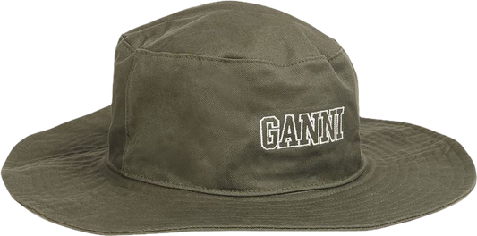 Ganni Green Embroidered Logo Organic Cotton Bucket Hat UK S