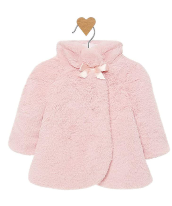 MAYORAL Rose Pink Faux fur coat with bow SZ-75cm  UK 6-9mths