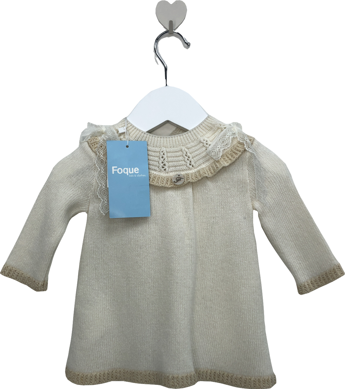 Foque Cream Knitted Dress With Lace Detail Bows 0-3 Months