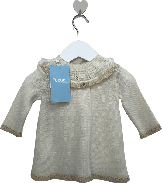 Foque Cream Knitted Dress With Lace Detail Bows 0-3 Months