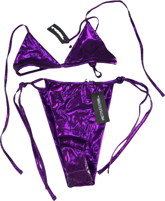 PrettyLittleThing Purple High Shine Tie Side Bikini UK 6