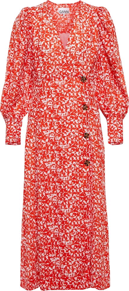 Ganni Orange Balloon-sleeve Floral-print Crepe Midi Dress UK 4