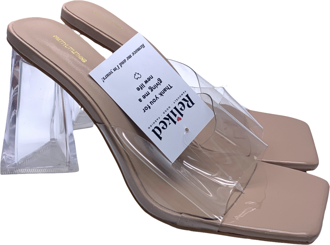 PrettyLittleThing Nude Clear Square Toe Chunky High Heeled Sandals UK 8 EU 41 👠