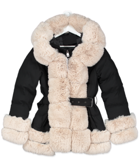 Black faux fur trim  hooded puffer coat UK M