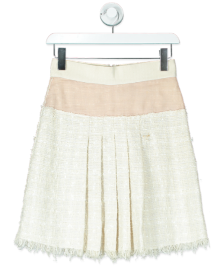 Dolce & Gabbana Cream Tweed Pleated Frayed Hem Skirt UK 8