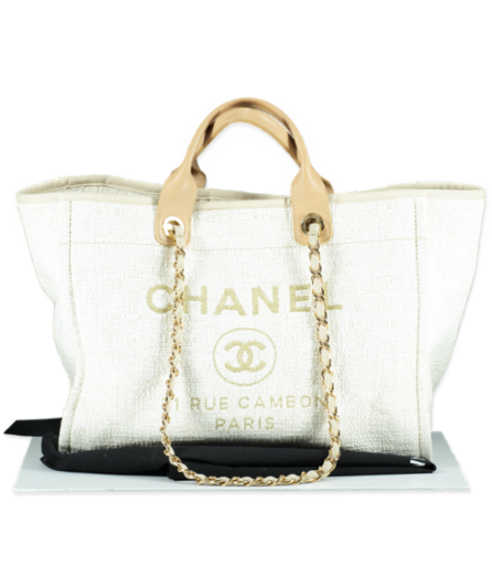 Chanel Cream Ivory Large Tweed Deauville Tote Bag