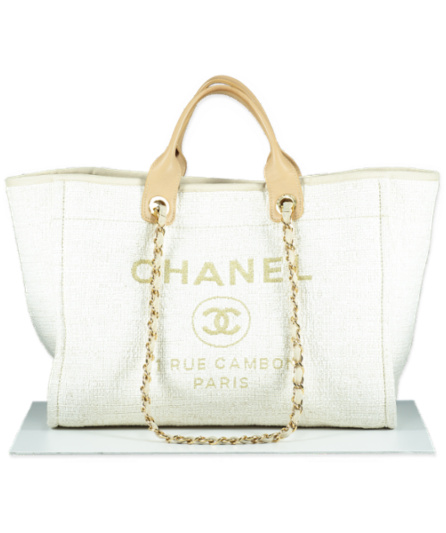 Chanel Cream Ivory Large Tweed Deauville Tote Bag
