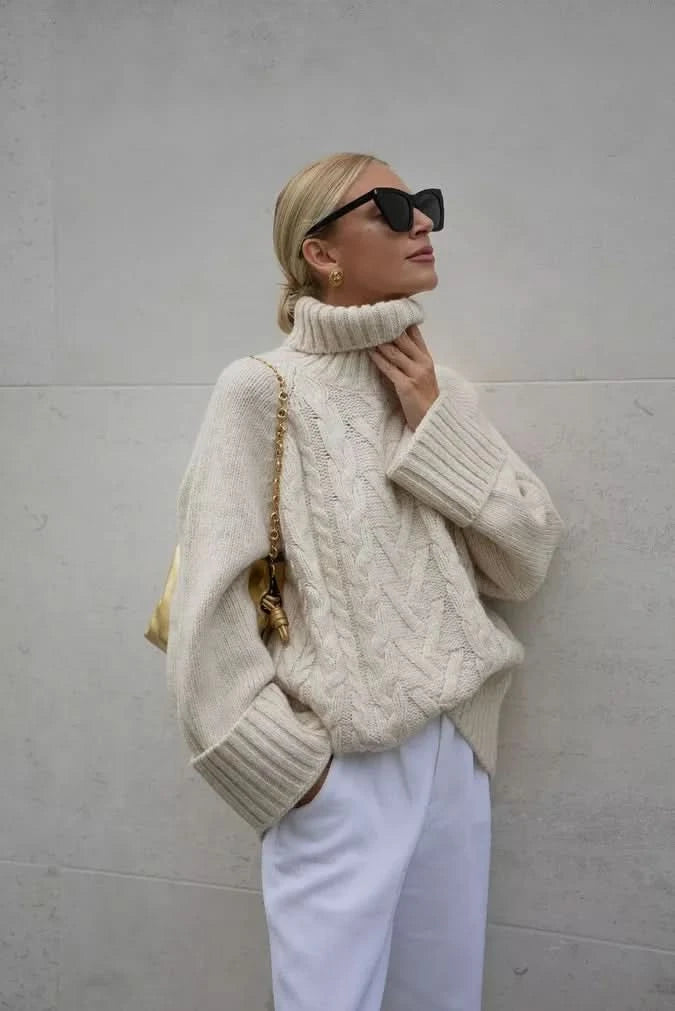 Ganni Beige Cotton/wool Blend K1797 High Neck Cable Knit Jumper UK S/M