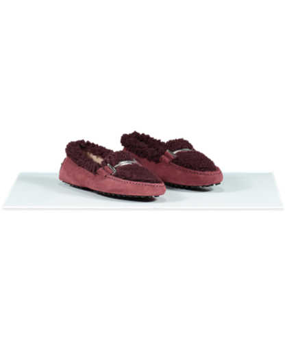 Tod's Burgundy Red  Double T Slip Gommino Shearling Loafers UK 5 EU 38 👠