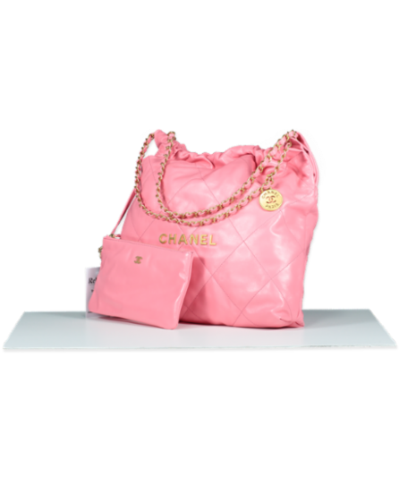 Chanel Coral Pink Calfskin Quilted 22 Bag With Pouch