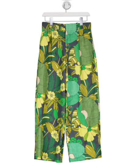 Marc Jacobs Green Pleated Floral-print Linen Wide-leg Pants UK 6