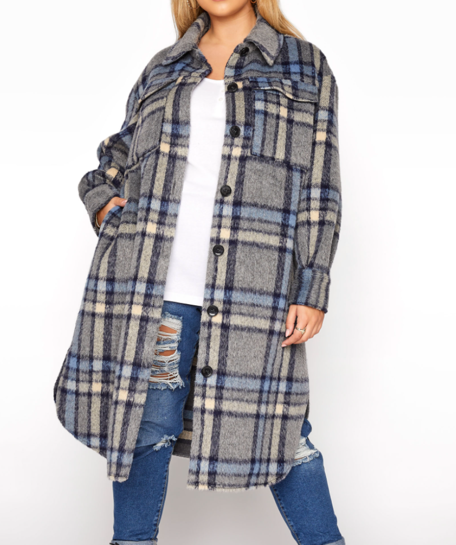 Yours Blue Grey & Blue Curve Checked Midi Shacket UK 26-28