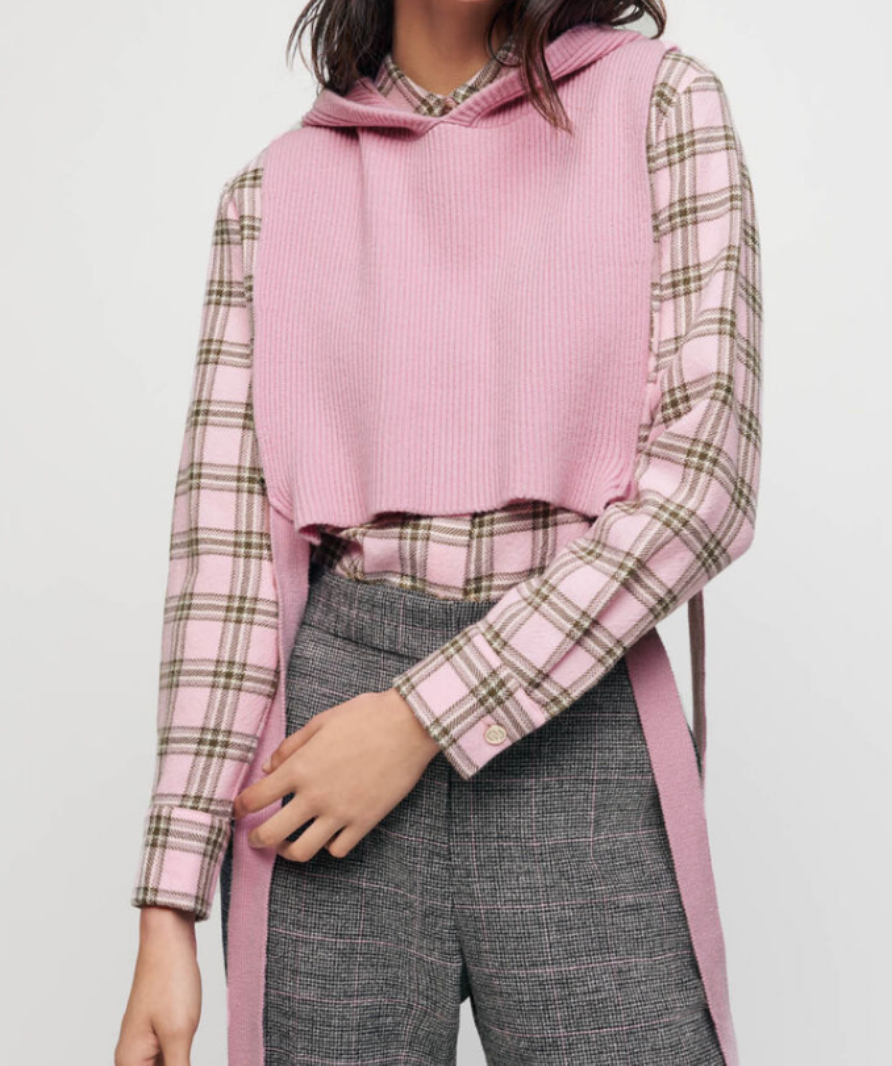 Maje Pink Knit ribbed tie side hooded top UK S