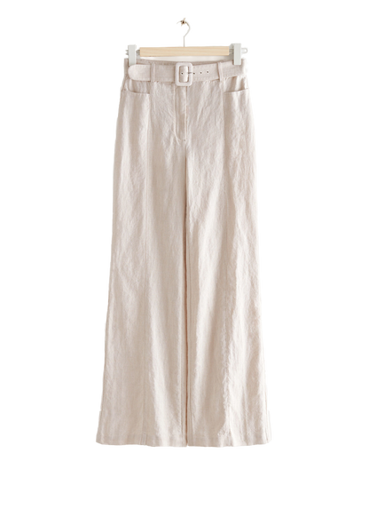 & Other Stories Beige Belted Flared Linen Trousers BNWT UK 8