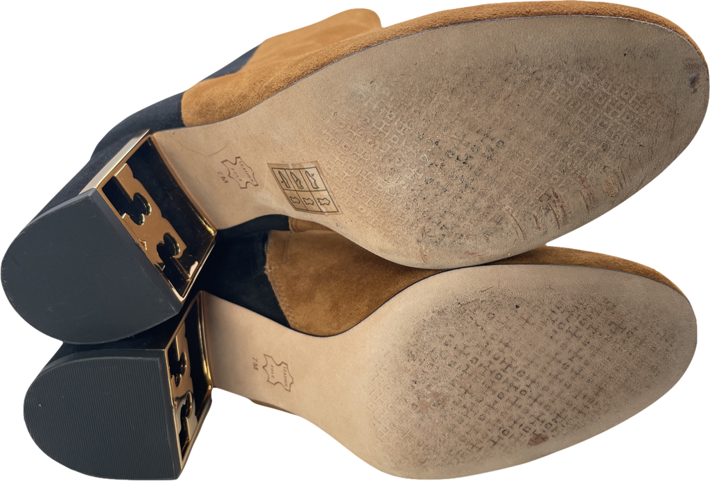 Tory Burch Black / Camel Suede Gigi Logo Heel Ankle Boots Us7 UK 4 EU 37 👠