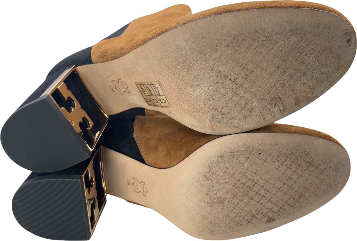 Tory Burch Black / Camel Suede Gigi Logo Heel Ankle Boots Us7 UK 4 EU 37 👠