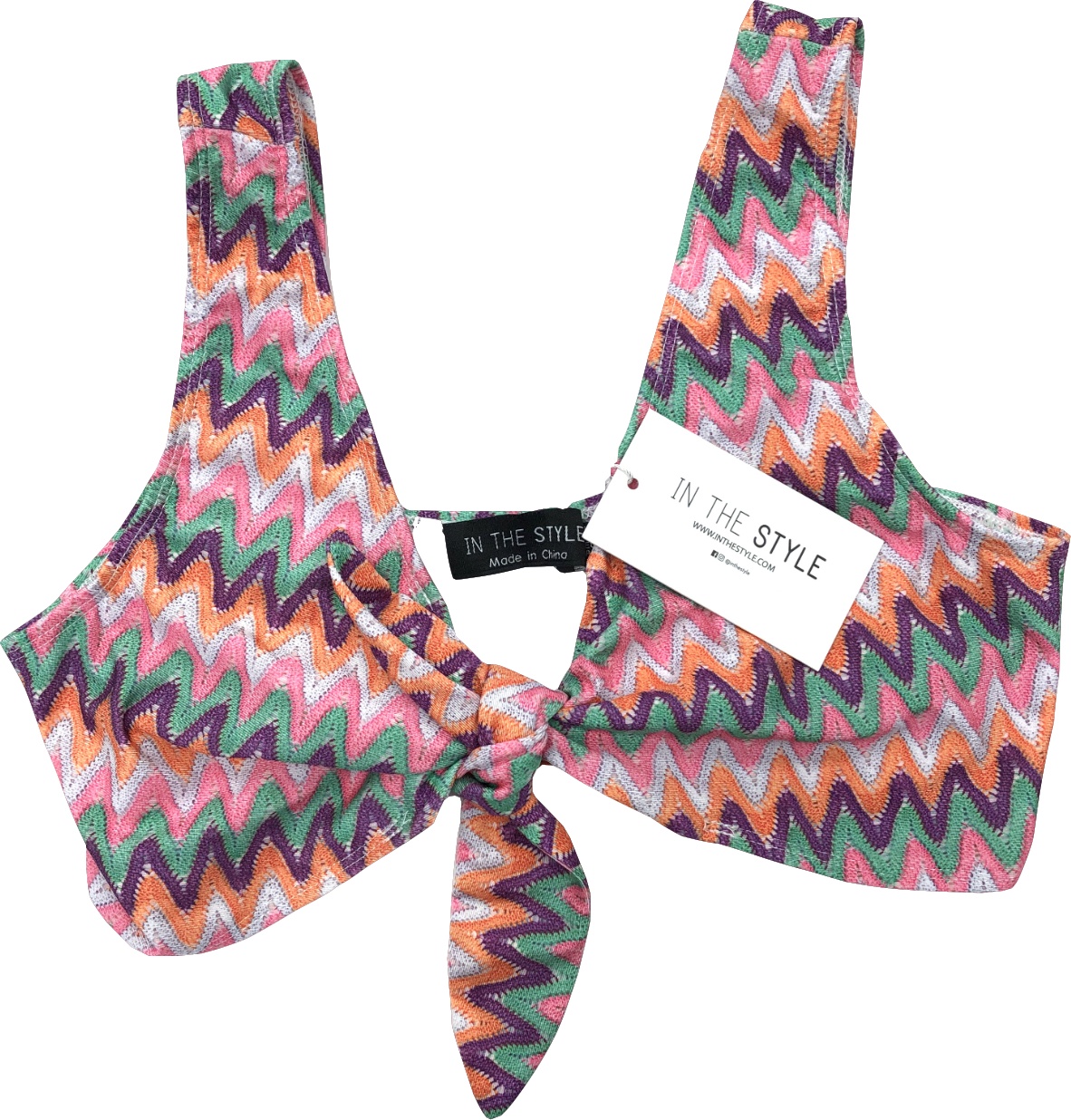 In The Style Multicoloured Multi Zigzag Tie Front Bikini Top UK 12