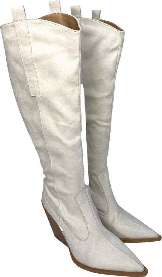 PrettyLittleThing Cream Faux Suede Point Toe Western Knee High Heeled Boots UK 4