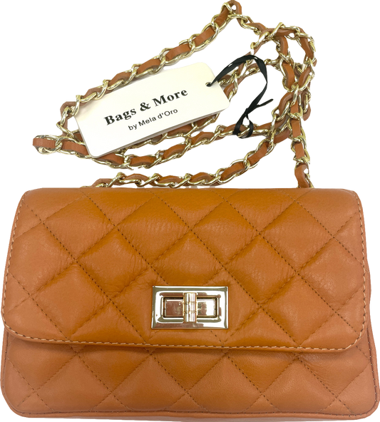 mela d'oro Brown Tan Italian Leather Quilted Chain Strap Crossbody Bag BNWT