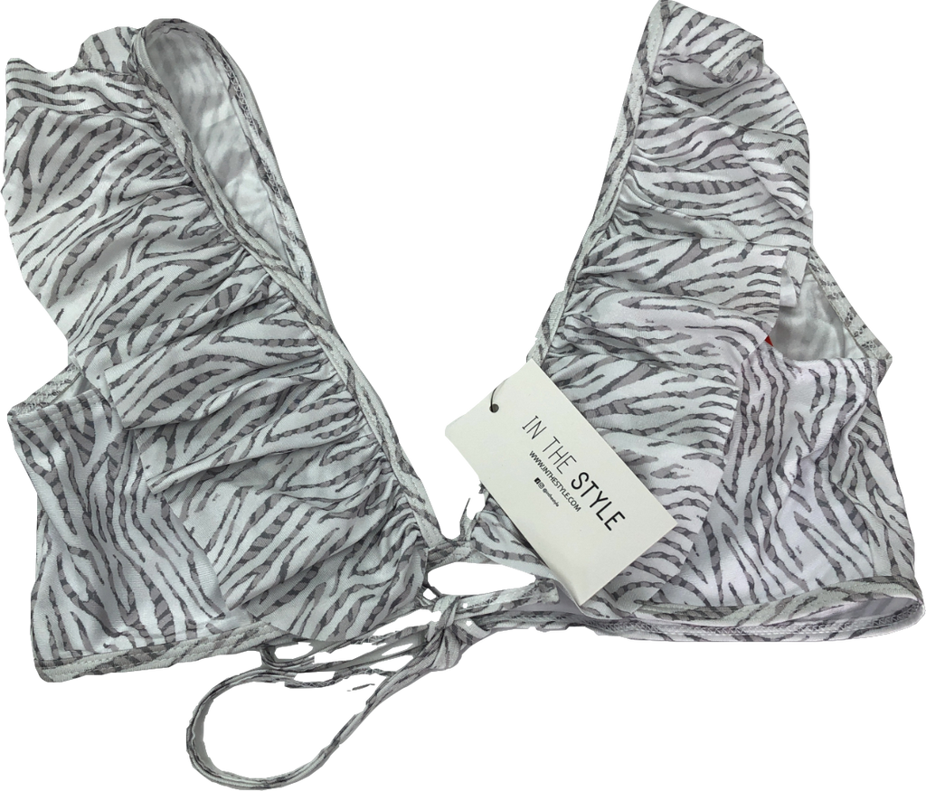 In The Style White Zebra Print Ruffle Bikini Top UK 8