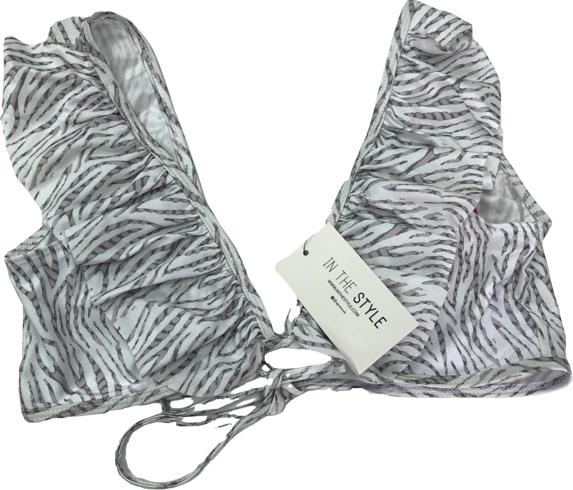 In The Style White Zebra Print Ruffle Bikini Top UK 8