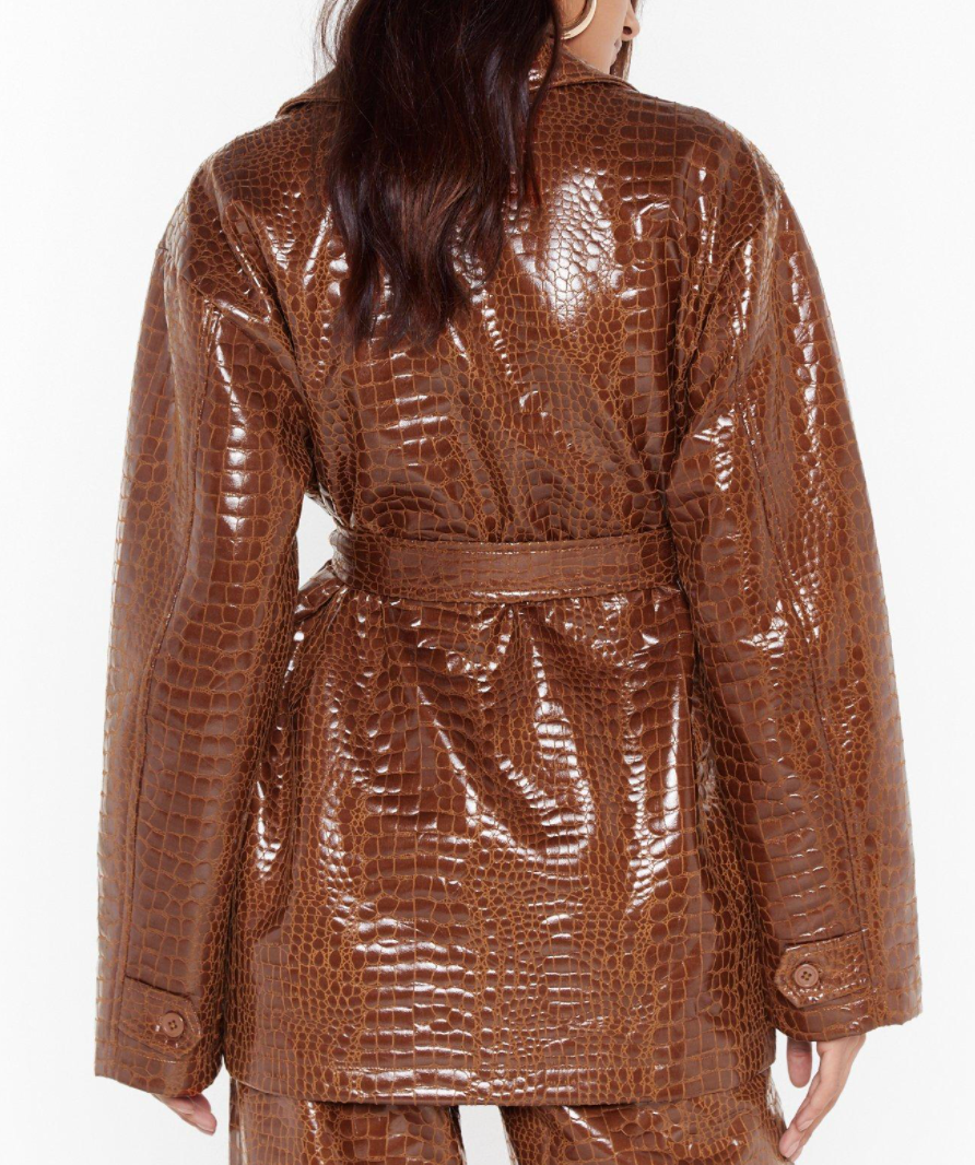 NASTY GAL Brown Croc Faux Leather Vinyl Belted Jacket (without belt) UK 10